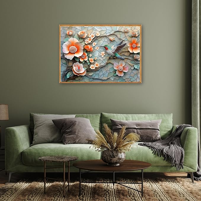 Puzzles for Adults 1000 Pieces, Flower Mosaic Jigsaw Puzzles - Hummingbird in Blossom, Piece Relax Puzzles for Family