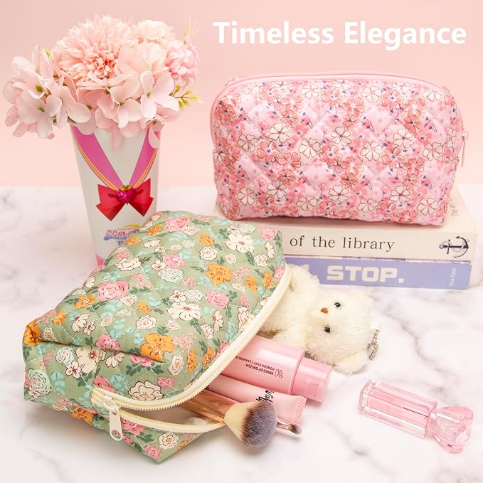 PAZIMIIK Small Quilted Makeup Bag,Zipper Cosmetic Pouch,Green Floral | Lightweight Cosmetic Bag Organizer for Women,Purse Storage Holds Makeup,Toiletries,Skincare,Beauty Essentials,Travel Items