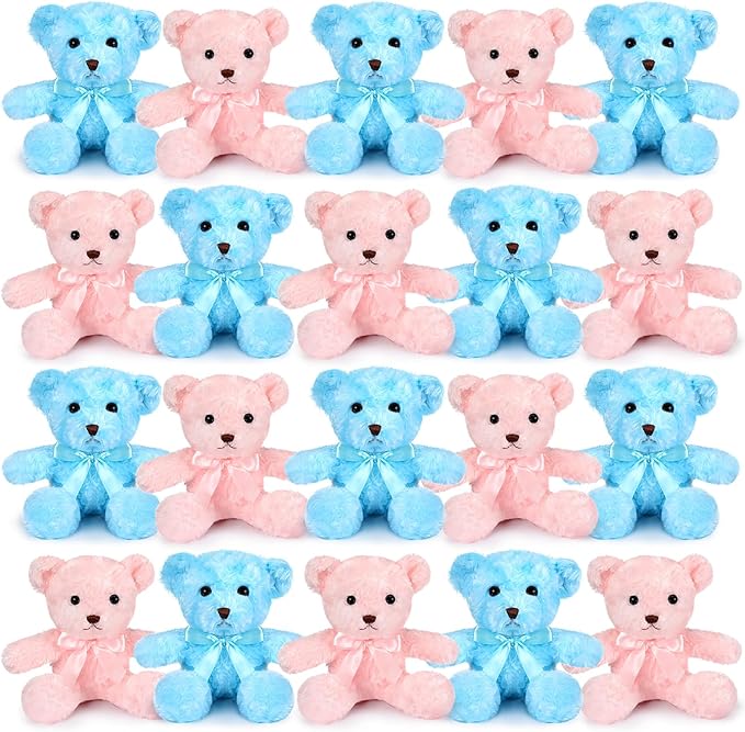 HyDren 24 Pcs Bear Bulk Plush Stuffed Animals 10 Inch Cute Soft Stuffed Bear with Green Bow for Baby Shower Birthday Gift Party (Pink, Blue)