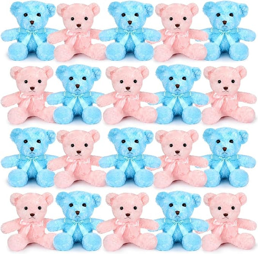 HyDren 24 Pcs Bear Bulk Plush Stuffed Animals 10 Inch Cute Soft Stuffed Bear with Green Bow for Baby Shower Birthday Gift Party (Pink, Blue)