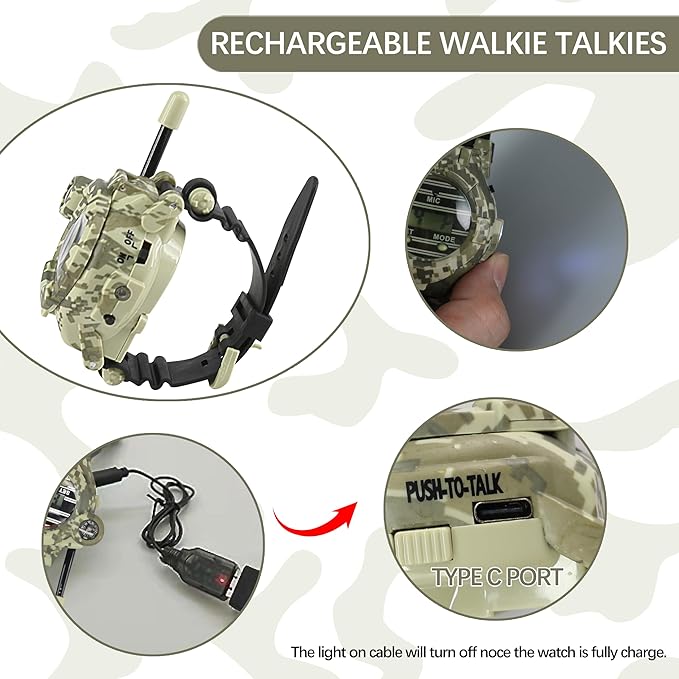 Walkie Talkie for Kids,Rechargeable Spy Walkie Talkies Watch Army Toys Gifts for Children,Two-Way Radio Walky Talky Watches with Flashlight Children Outdoor Game Interphone Toy Game(2 Pack)