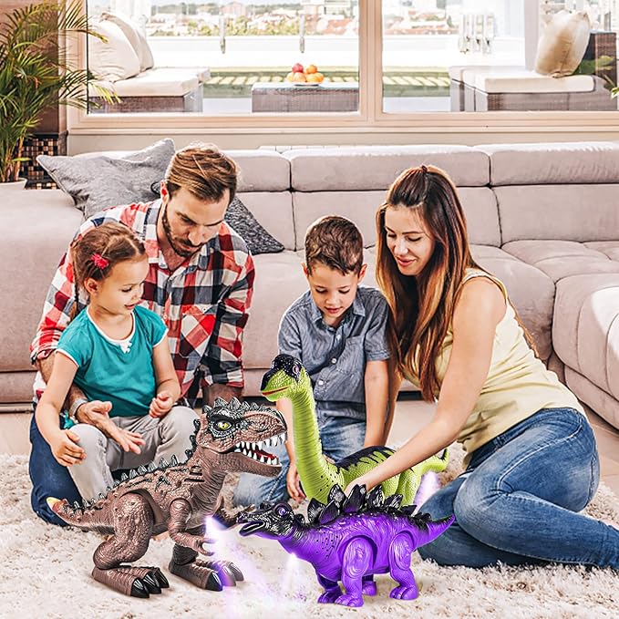 Doloowee 3 Pack Walking Dinosaur Toy for Kids 3-5/5-7 Years,Simulation Tyrannosaurus & Stegosaurus & Brachiosaurus,Electric Robot Dinosaur with LED Lights & Sounds,Dinosaur Toys for Boys and Girls
