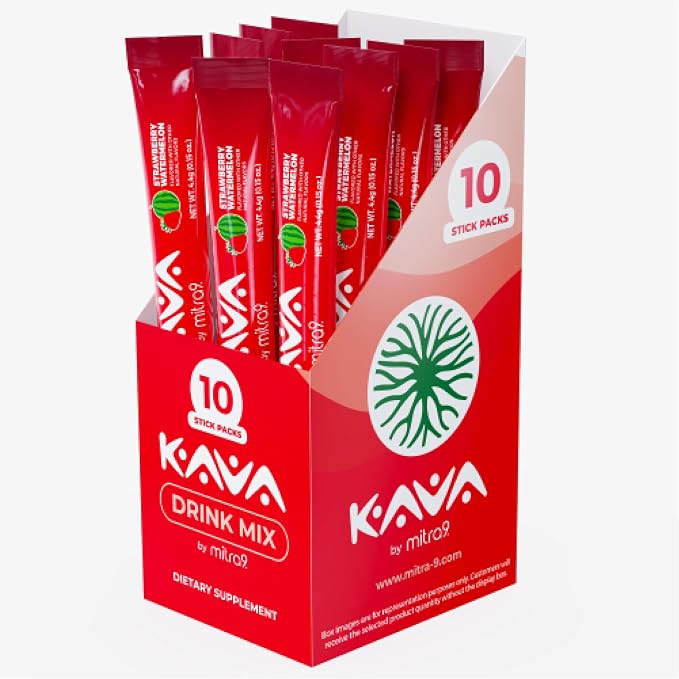 Mitra9 Kava Drink Mix | Strawberry Watermelon | 10 Stick Packs | Kava Root Extract Powder for Relaxation & Stress Relief | Non-Alcoholic, Zero Calorie | Single-Serve Packets