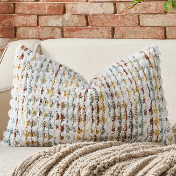Set of 2 Boho Chenille Pillow Cover Decorative Tufted Pillowcase for Couch Bed Sofa Bedroom Living Room Modern 12 x 20-Inch Brown White