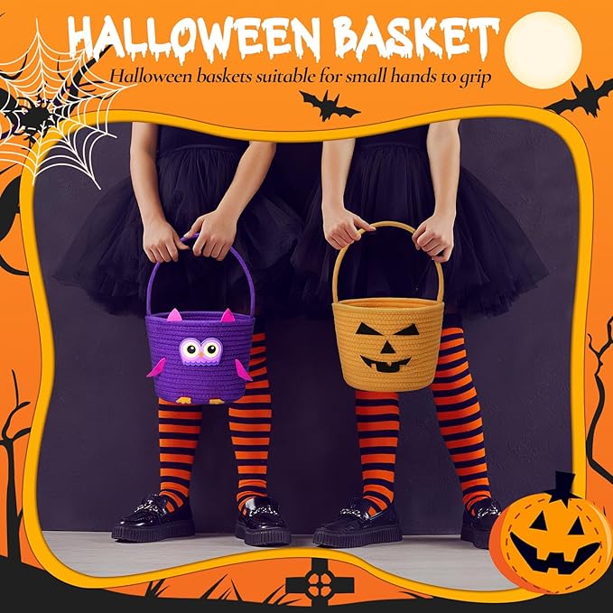 Halloween Basket with Handle Cute Bucket Cotton Rope Woven Candy Server Bag Pumpkin Witch Cat Pig Storage Basket for Halloween Party Favor(Bucket Pumpkin,Orange,1 Pack)