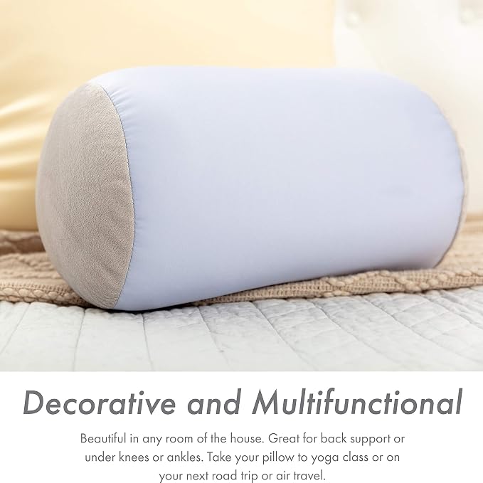 Microbead Bolster Neck Roll Pillow, Gently On Body, Head, Neck & Shoulders No Pain Rest, Relax Sleep - Silky Feel Prevent Wrinkles & Hair Breakage - Lightweight Cylinder Tube, 14" x 8", Silver Mist