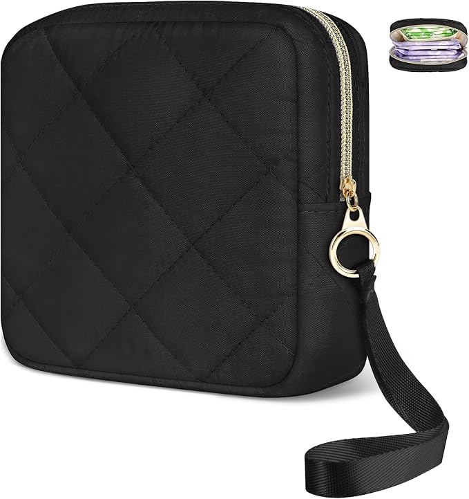 Likesing Quilted Period Bag, Period Pouches for Teen Girls Womens, Portable Sanitary Napkin Storage Bag with Wrist Strap Feminine Emergency Tampon Pad Pouch(Black)