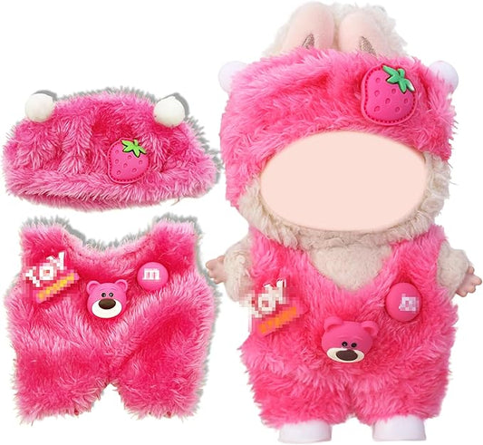 17cm Clothes Set(NO Doll),Hat & Overalls Set for 17cm Accessories Suit,Stylish Adorable Dolls Clothes Accessories,Cute Clothes for Dress up Unique Style (Pink Strawberry Bear)