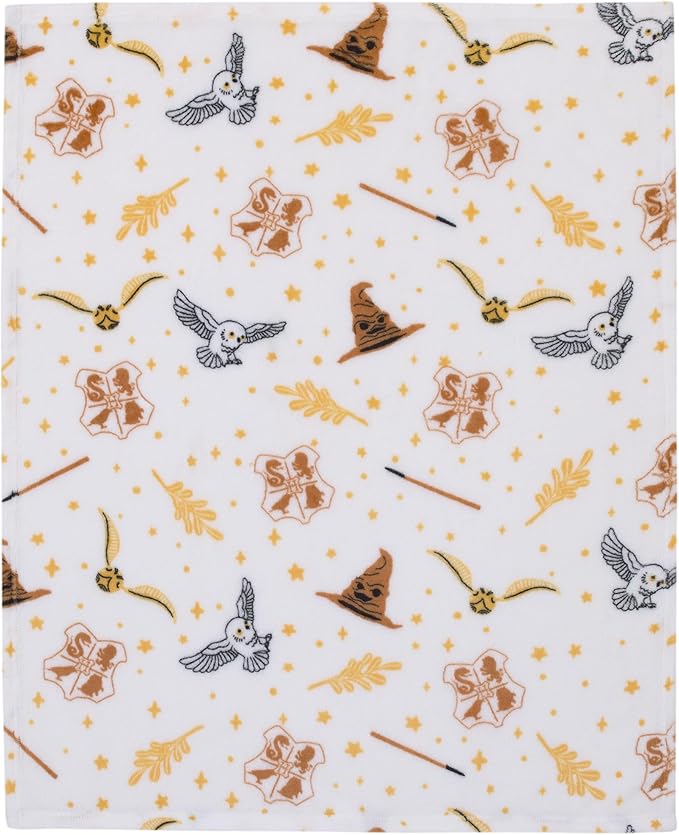 Warner Brothers Harry Potter White, Gold, and Tan Super Soft Plush Baby Blanket