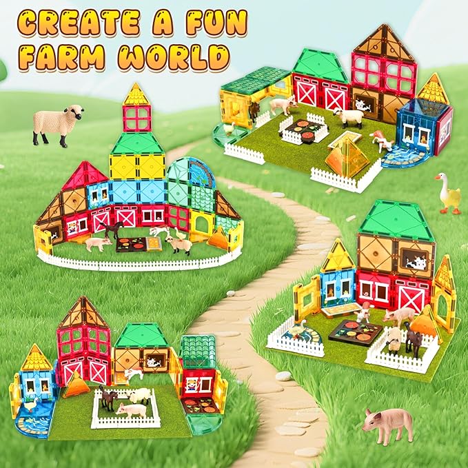 Magnetic Tiles with Farm Animals, 50PCS Magnetic Blocks Building Toys for Age 3-5 4-8 8-12, Construction STEM Magnet Toys Gift for Kids, Boys and Girls