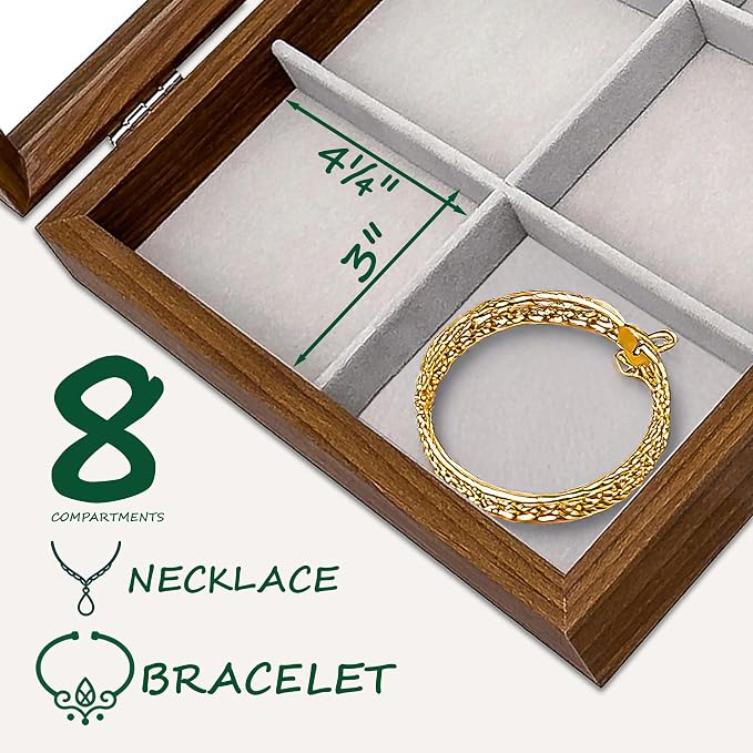 Wooden Travel Jewelry Box w. Tempered Glass Display Lid - Bracelets Storage - 8-Compartments Velvet Organizer (Dark Oak) by The Display Guys