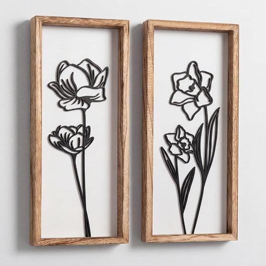 3D Black and White Wall Art (Set of 2) Lightweight, Wooden Ready-to-Hang Framed Floral Wall Art for Bathroom, Bedroom, Living Room or Office – Boho Botanical Farmhouse Decor – Gift-Boxed