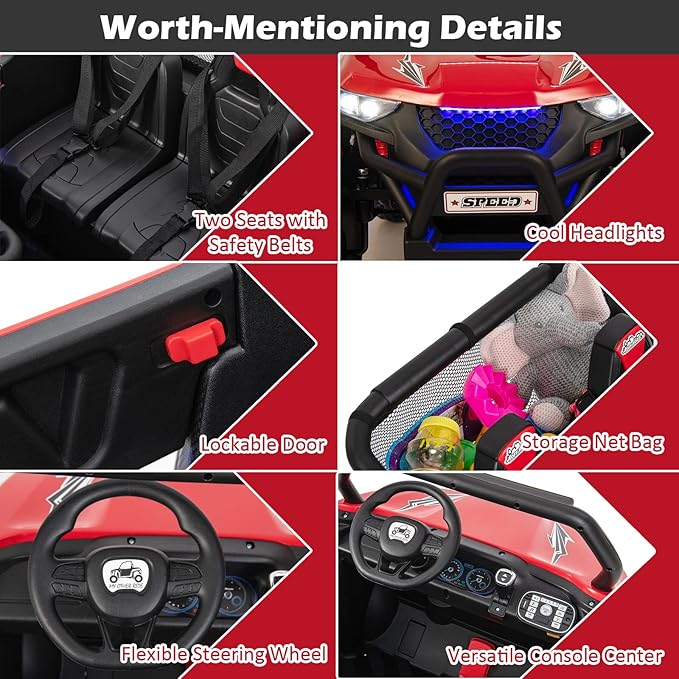 Costzon 2-Seater Ride on Car for Kids, 12V Kids' Electric Vehicles w/Remote Control, 4 Shock Absorbers, Wireless Music & FM, 3 Speeds, Ambiance Lights, Electric Car UTV for Boys Girls (Red)