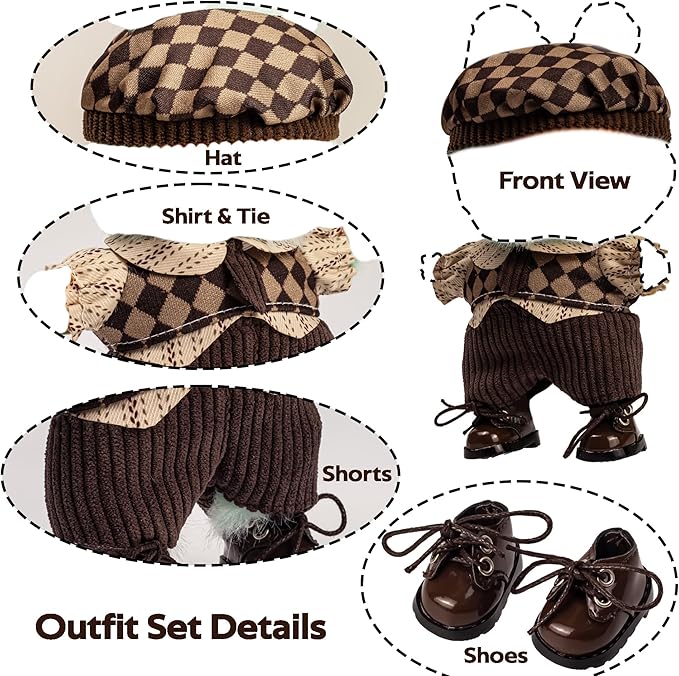 4-Piece Doll Clothes Set – Compatible with 5.9–6.7 inch (15–17cm) Dolls – Outfit with Hat, Shirt, Shorts & PVC Shoes – Accessories Only (Chestnut Brown)