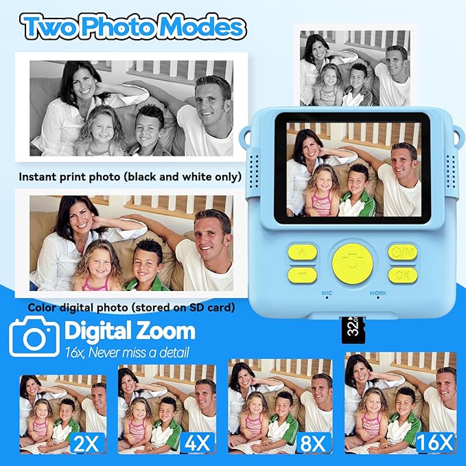 Instant Print Camera for Kids with 3 Rolls of Printer Paper, 1080P Toddler Digital Camera Toys for Age 3-12 with 32GB SD Card, Christmas & Birthday Gifts for 3 4 5 6 7 8 Year Old Girls & Boys (Blue)
