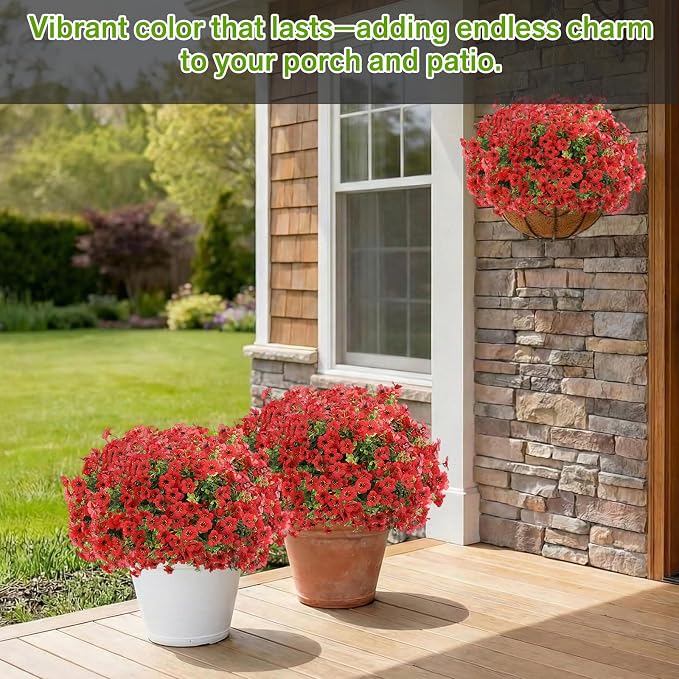 13 Bundles Artificial Flowers for Outdoors Summer Decoration | Silk Realistic UV Resistant Fake Plants Faux Flowers for Outside Planter Porch Yard Patio Garden Home Indoor, Red