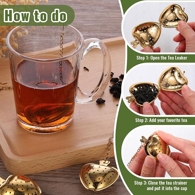 Sumind 100 Pcs Tea Strainer Stainless Steel Tea Ball Infuser Loose Leaf Tea Steeper Tea Interval Diffuser Heart Shape Mesh Tea Filters with Extended Chain Hook for Seasonings Cup Bottle (Gold)