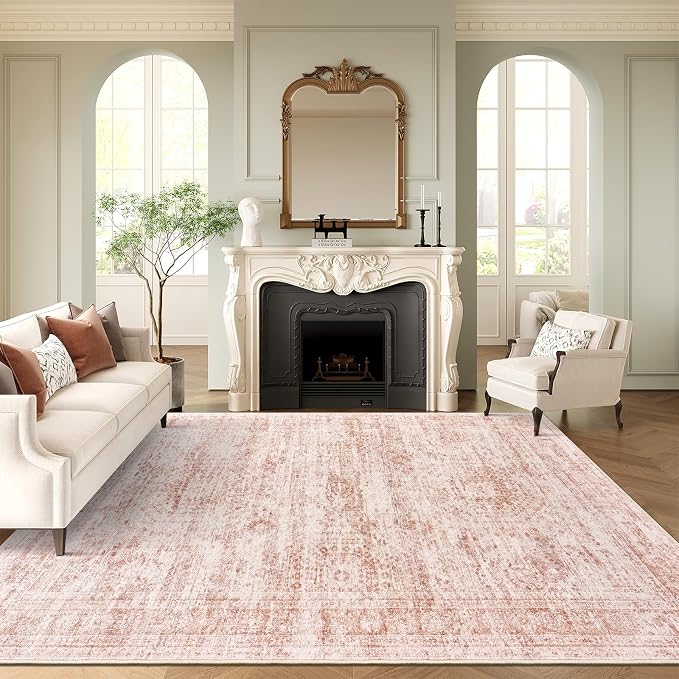 Soalmost 9x12 Area Rugs for Living Room Washable Rug Non-Slip Pink | Large Vintage Stain Resistant Carpet for Dining Bedroom, Low Pile Lightweight Foldable Floor Mat Nursery Home Office Decor
