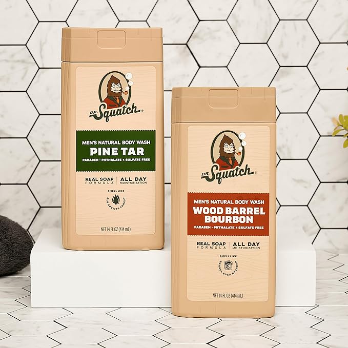 Dr. Squatch Natural Men's Body Wash Shower Gel - Cleansing, Nourishing, Long Lasting Scent, Moisturizing Body Wash for Men - Pine Tar + Wood Barrel Bourbon (14 oz, 2-Pack)
