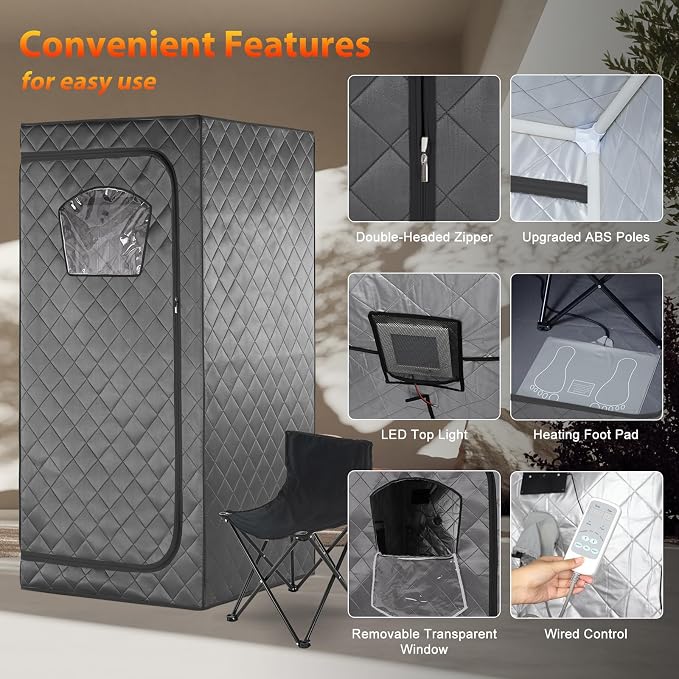 Gollense Portable Infrared Sauna for Home Spa | Full Size 1 Person Sauna | Full Body Personal Far Infrared Sauna Tent 5.5ft Tall | with Heating Foot Pad, Portable Chair, Dark Grey