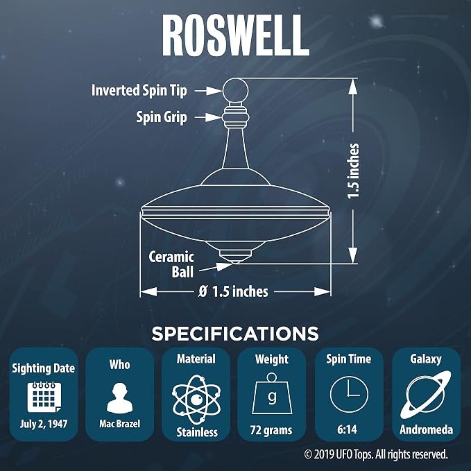 UFO Tops - Roswell - Metal Spinning Top - Inspired by The Documented 1947 UFO Sighting in Roswell, New Mexico (Color: Psychedelic Steel)