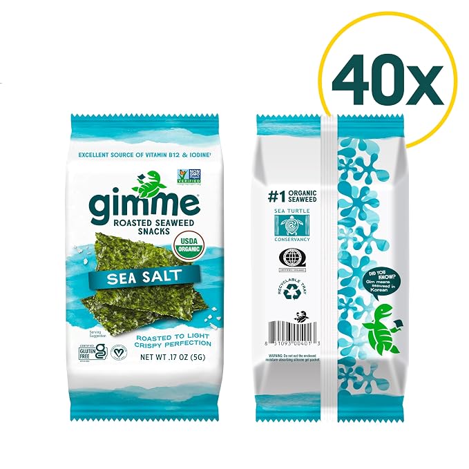 Gimme Seaweed Organic Premium Roasted Seaweed Snacks, Sea Salt, Keto, Vegan, Gluten-Free, Great Source of Omega3s and Iodine, Healthy On-The-Go Snack for Kids and Adults, 20 Count (Pack of 2)