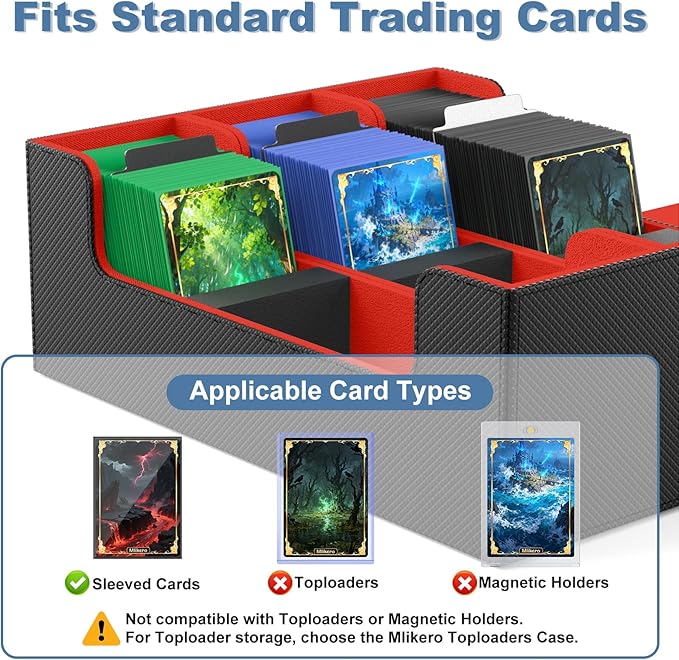 Mlikero Card Deck Case, 1800+ Trading Card Storage Box with 10 Dividers and 3 Foam Stoppers, Leather Magnetic Closure Commander Deck Box Fit for YuGiOh, MTG and Sport Cards(Black&Red)