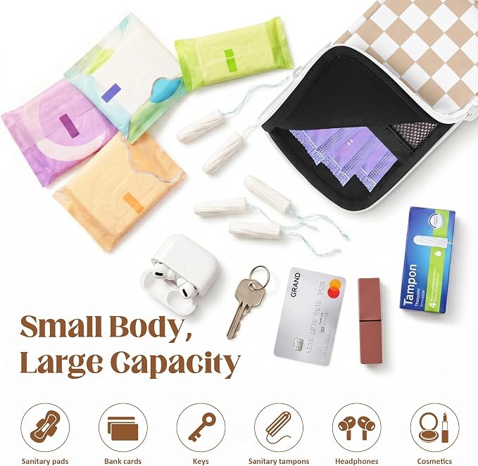 2 Pack Portable Tampon Holder Zippered Pouch with Snap Hook, Waterproof Travel-Friendly Discreet Period Bag, Feminine Products Organizer for Women Purse (Black and White Plaid)