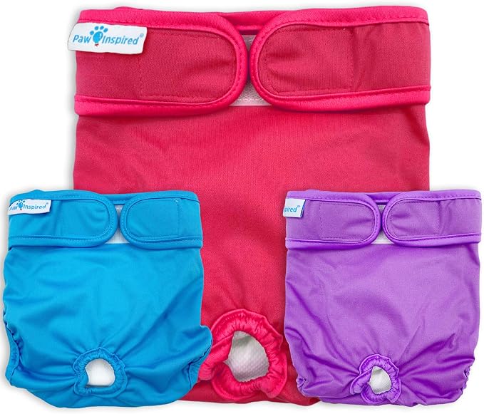 Paw Inspired Reusable Dog Diapers Bundle, Medium, 3-Pack with Suspenders | Washable Diapers in Assorted Colors with White Lining Combo Pack with Black Suspenders