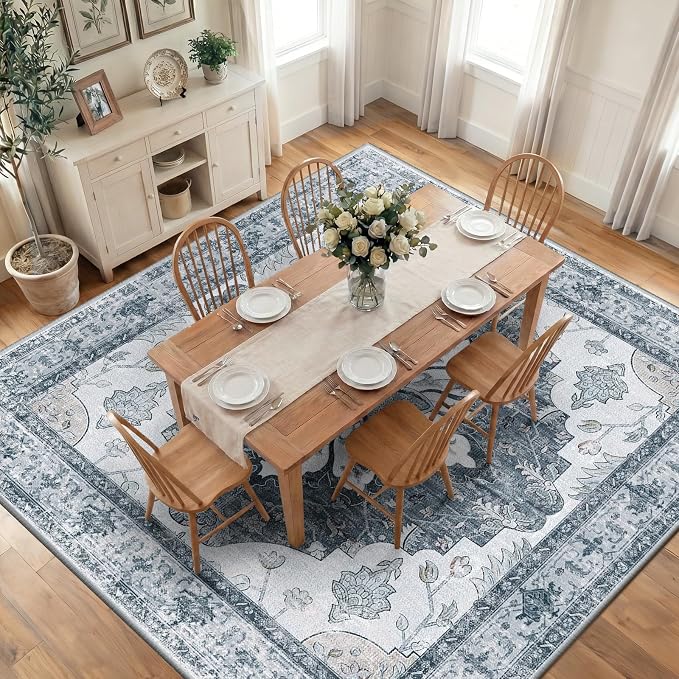 RELEANY Area Rugs Square 10ft Washable Non-Slip, Floral Vintage Distress Medallion Carpet for Living Room Bedroom Dining Room, Light Gray Grey White