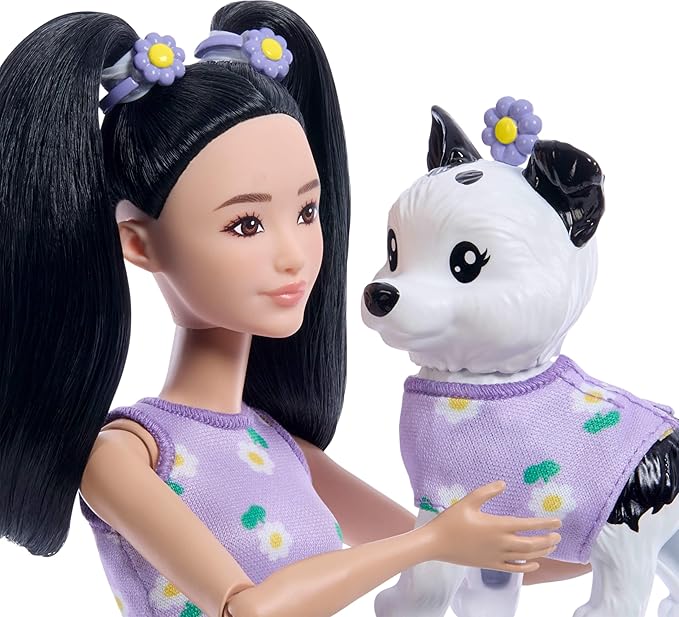 Barbie Twinning Looks Doll with Pet Dog in Matching Purple Daisy Clothes and Accessories for Both Like Flowers and Belt Bags, Black Hair