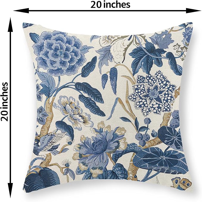 Blue Pillow Covers 20x20 Inch Set of 2 Vintage Blue Floral Throw Pillows Chinoiserie Flower Decorative Pillow Cases Outdoor Linen Farmhouse Cushion Cover for Couch Home Sofa Bed Decorations