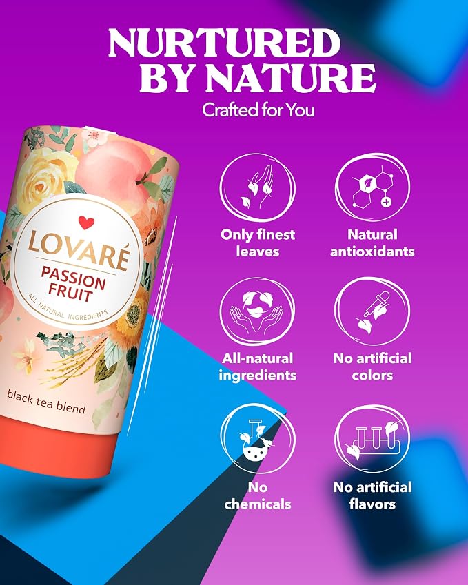 LOVARE Passion Fruit Loose Leaf Tea 80 g - Made in Ukraine - Black Tea, Orange Peel, Rosebuds, Calendula Petals, Safflower Petals, Pineapple, Peach with 15 Paper Filters (Passion Fruit)