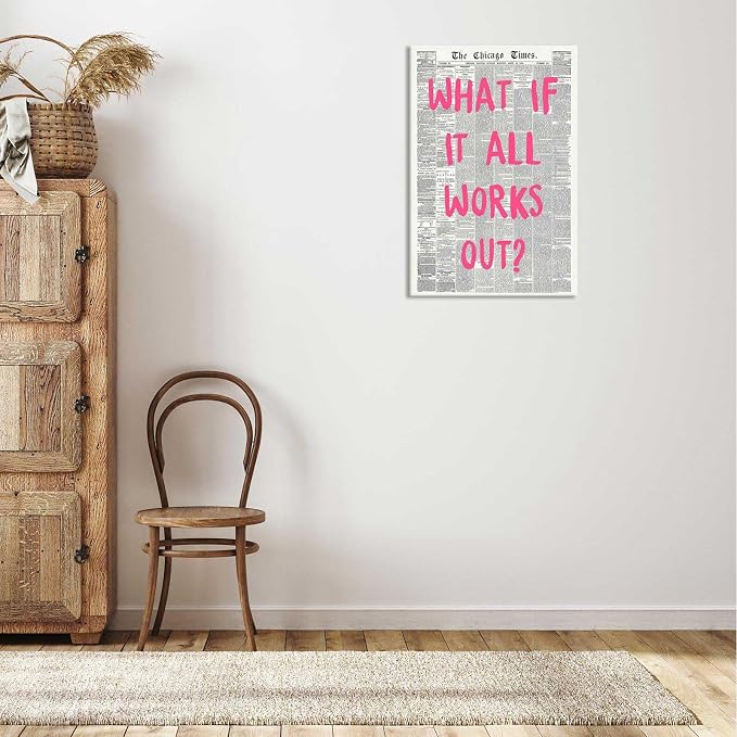 Drimiler What If It All Works Out Poster Retro Newspaper Pink Font Canvas Wall Art Positive Affirming Quote Minimalist Prints Painting For Home Bedroom Dorm Wall Decor 12x16in Wframed