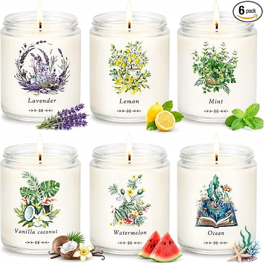 6 Pack Scented Candles Gift Set for Women - Soy Wax Jar Candles | 37.8oz Up to 300 Hours Long Lasting Burn Time, Fresh Scents - Watermelon, Vanilla Coconut, Lavender, Lemon, Mint, Ocean