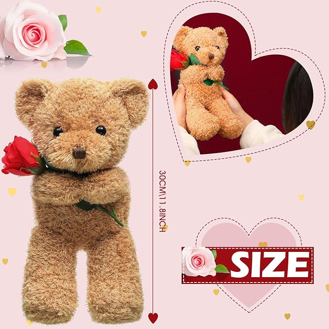 Civaner Bear Stuffed Animal Gift with Rose Funny Cute Bear Stuffed Animal Plush Gift for Mother Girlfriend Birthday Wedding, 11.8 Inches(Beige)