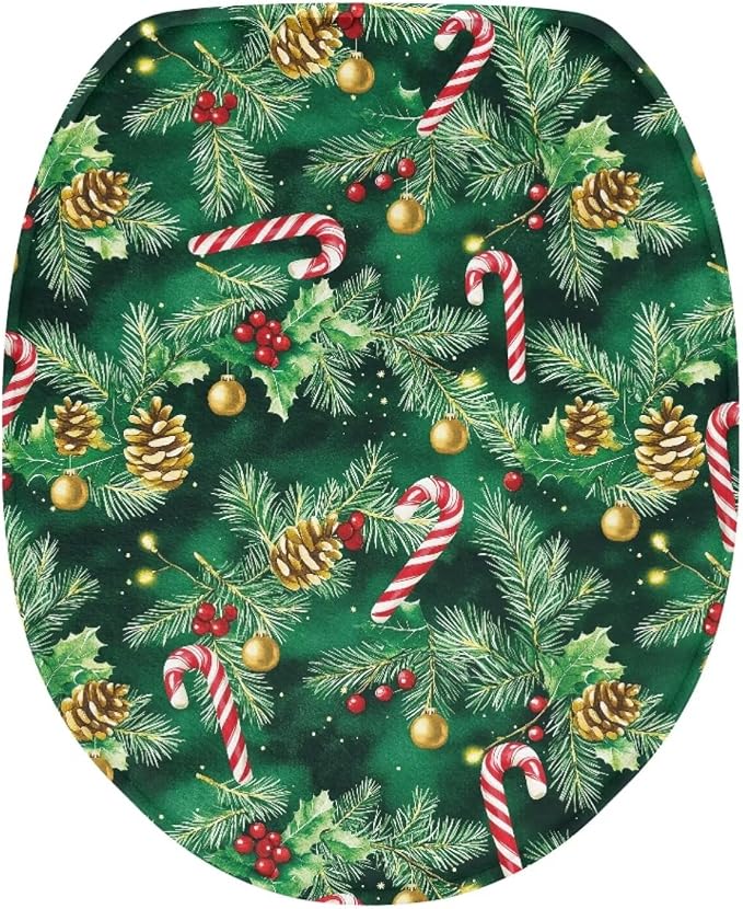 Christmas Candy Cane Toilet Seat Lid Cover for Bathroom Christmas Decorations Holly Toilet Lid Cover with Elastic Band Elongated Universal Toilet Tank Cover Replacement Toilet Bathroom Cover