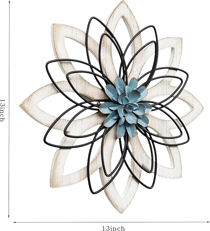 Remenna Metal Flowers Wall Decor, Metal Rustic Wall Art Decoration Farmhouse Wall Decorations Multiple Floral Hanging Decor for Bathroom Living Room Home Office Garden Kitchen (white & blue)