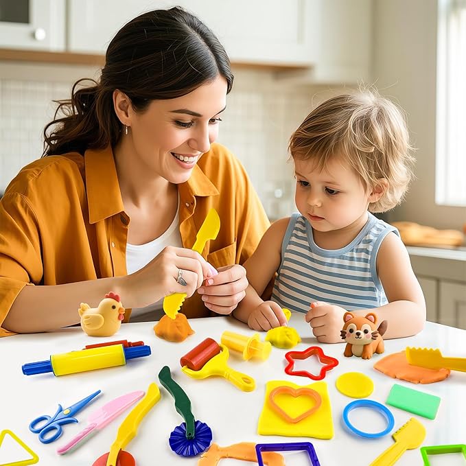 Dough Tool Kit,15 Pcs Basic Dough Play Tools Starter Set for Kids with Cutters,Roller,Rolling Pins,Scissors,Plastic Knife