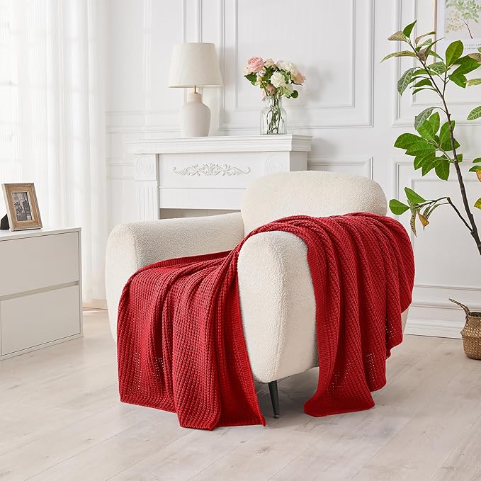 Douceur Christmas Red Throw Blanket for Bed, Soft Chunky Cable Knit Throw Blanket, Classic Fisherman's Rib Stitch Pattern Throw for Living Room,60"X80"
