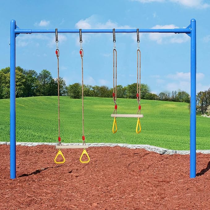 Trapeze Swing Bar with Rings, Wooden Trapeze Swing Bar with Plastic Gym Rings Adjustable Rope, Locking Straps, Outdoor Swing Set Playground Accessories for Kids (Yellow)