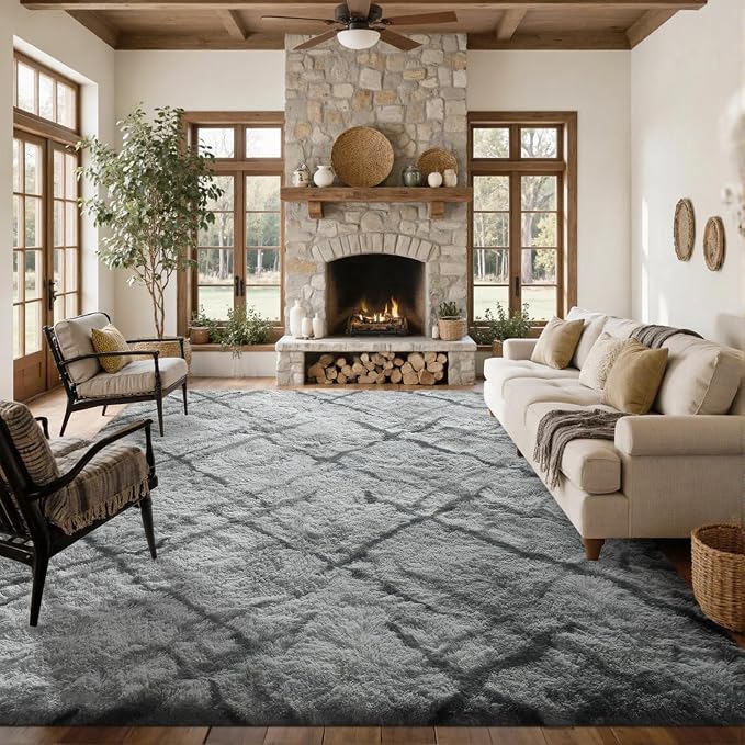 Area Rugs for Living Room 8x10Ft, Soft Fluffy Shagg Plush Bedroom Rug Non-Slip,Large Carpet for Nursery Kids Dorm Home Decor, Grey