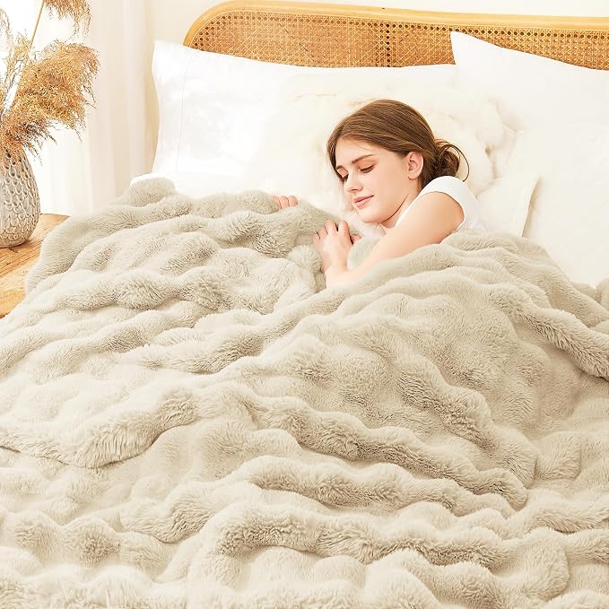 L'AGRATY Faux Rabbit Fur Throw Blanket for Couch, 90'' x 90'' Almond White | Soft Cozy Bubble Fluffy Blanket for Sofa Bed, Thick Warm Plush Fuzzy Throw for Room Home Decor, Luxury Gift for Women Mom