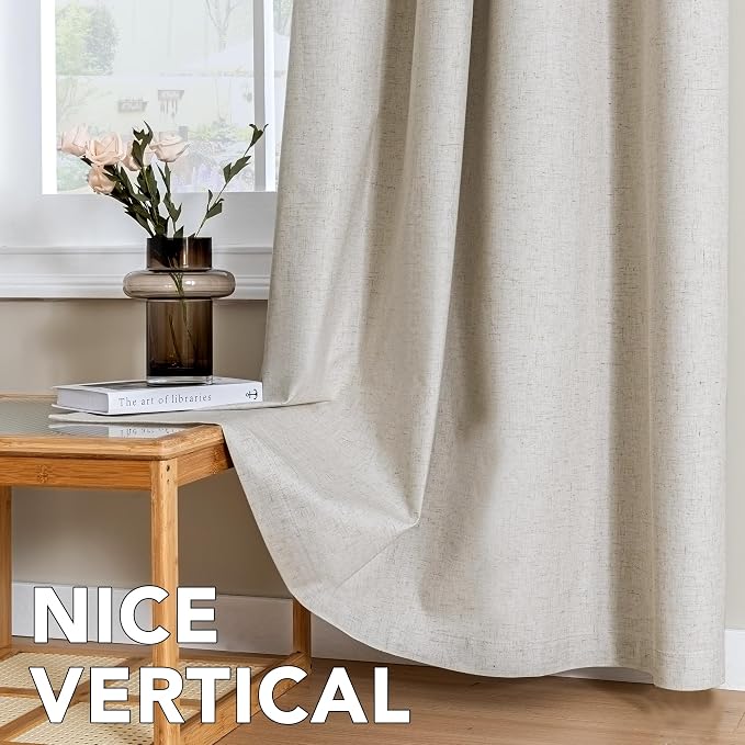 H.VERSAILTEX Linen Curtains 100% Blackout Curtains for Bedroom 96 inch Long Full Light Blocking Nature Linen Blended Window Curtains for Living Room Nickel Grommet (2 Panels, Heathered Linen)