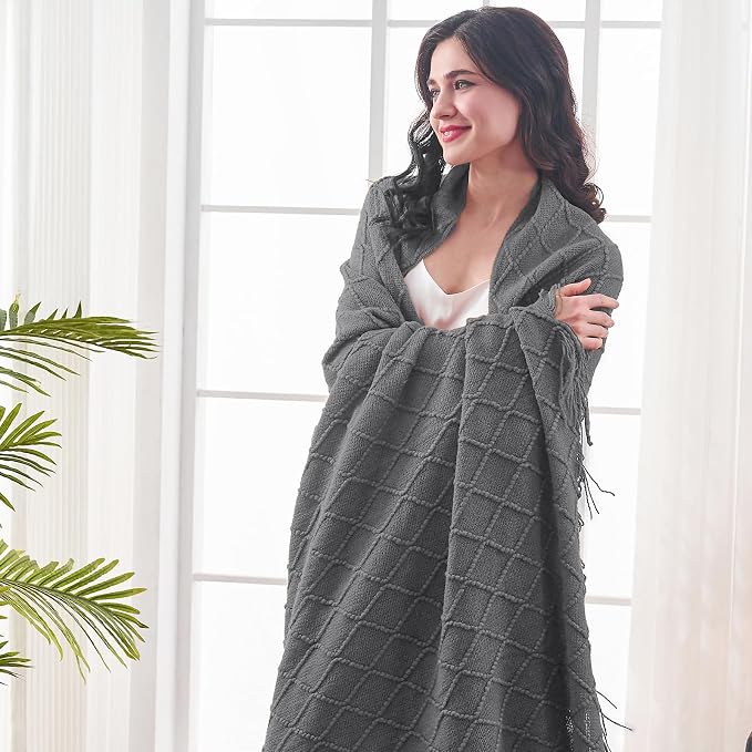 inhand Dark Grey Knitted Throw Blanket for Couch and Bed, 50"x60" | Soft Living Room Home Decor Knitted Blanket, Tassel, Outdoor Lightweight Breathable Summer, Farmhouse Warm Woven Decorative