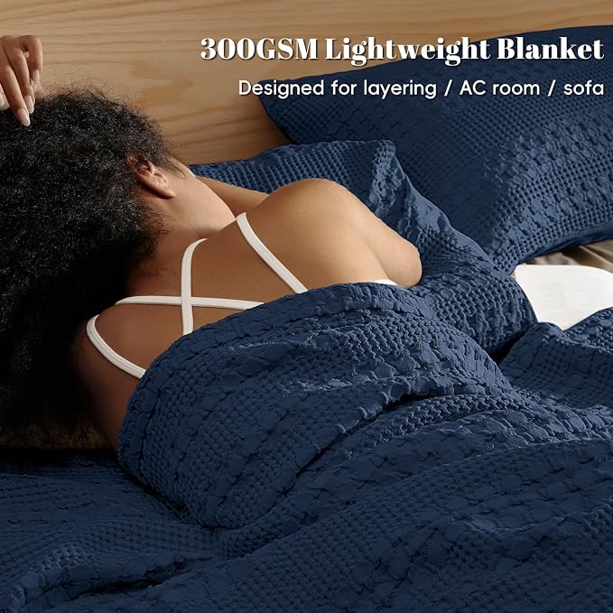 PHF 100% Cotton Waffle Weave Throw Blanket, Lightweight Breathable Summer Blanket for Couch Sofa, Pre-Washed Soft Throws for Bed, Office, Travel & Stylish Home Decor, 50"x60", Bright Navy