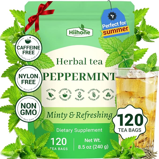 Hiihone Peppermint Tea Bags 120 Count – Pure Peppermint Mint Tea, Caffeine-Free Herbal Tea, Cooling & Refreshing, Non-GMO, Soothing, Supports Digestion & Fresh Breath, Hot or Iced
