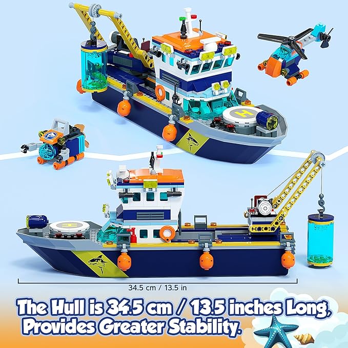 City Floatable Boat Building Set with LED Light, Fun Toy Gift for Kids Boys Girls 6 7 8 9 10+, Compatible with Lego Ocean Arctic Explorer Ship Building Block Kit, Christmas Decoration Party Favor
