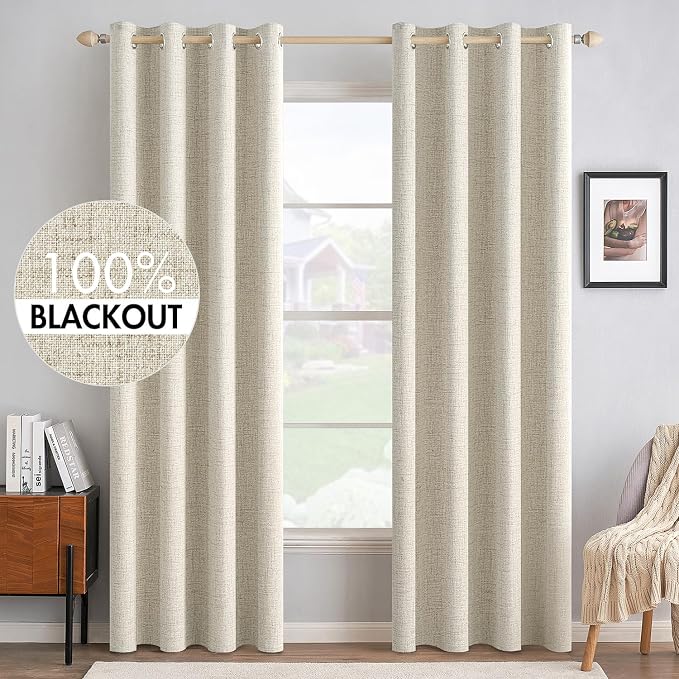 MIULEE 100% Blackout Linen Textured Curtains for Bedroom Solid Thermal Insulated Cream Grommet Room Darkening Curtains & Drapes Luxury Decor for Living Room 52 x 84 Inch (2 Panels)