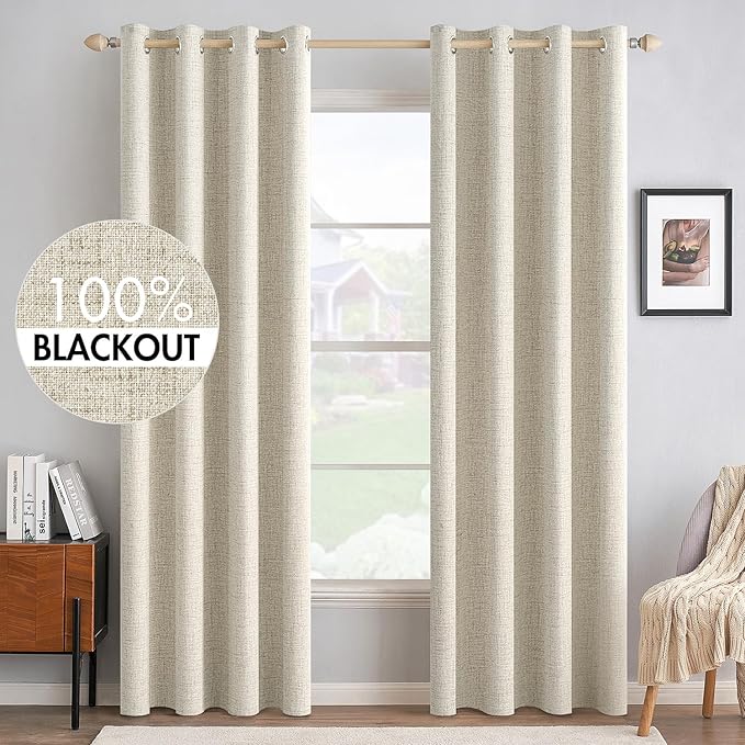 MIULEE 100% Blackout Polyester Textured Curtains for Bedroom Solid Thermal Insulated Cream Grommet Room Darkening Curtains & Drapes Luxury Decor for Living Room 52 x 90 Inch (2 Panels)